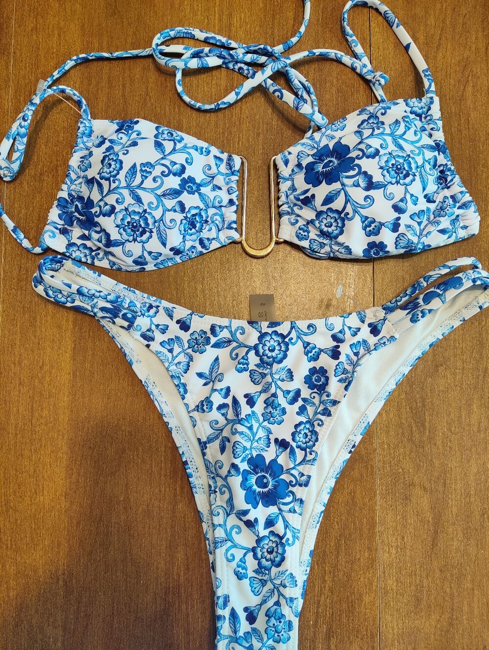 Blue Floral Underwire Bikini Set with Gold Accent - Women's Swim